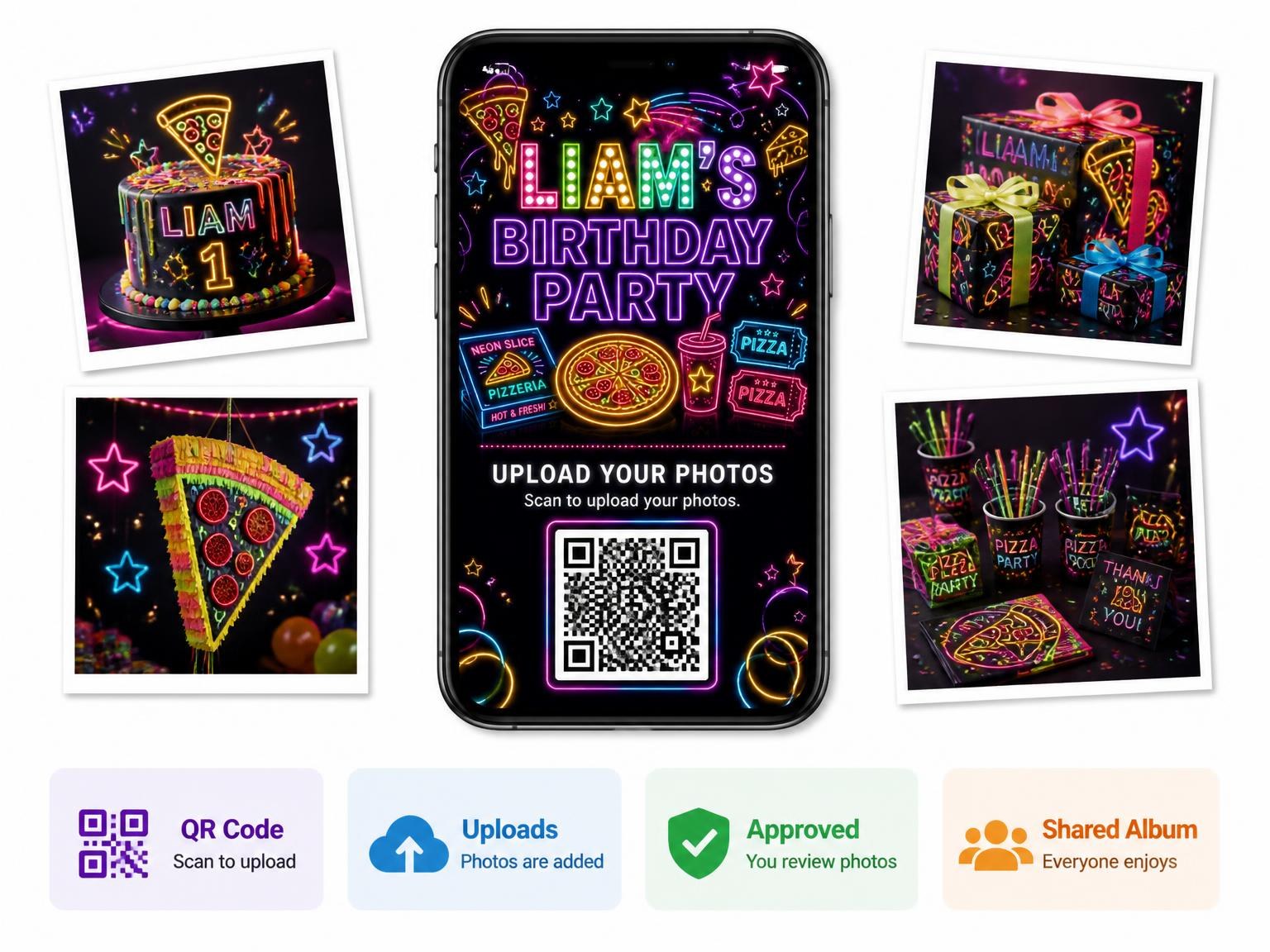 The shared photo gallery that comes with the Neon Pizza 1st Birthday Invitation invitation