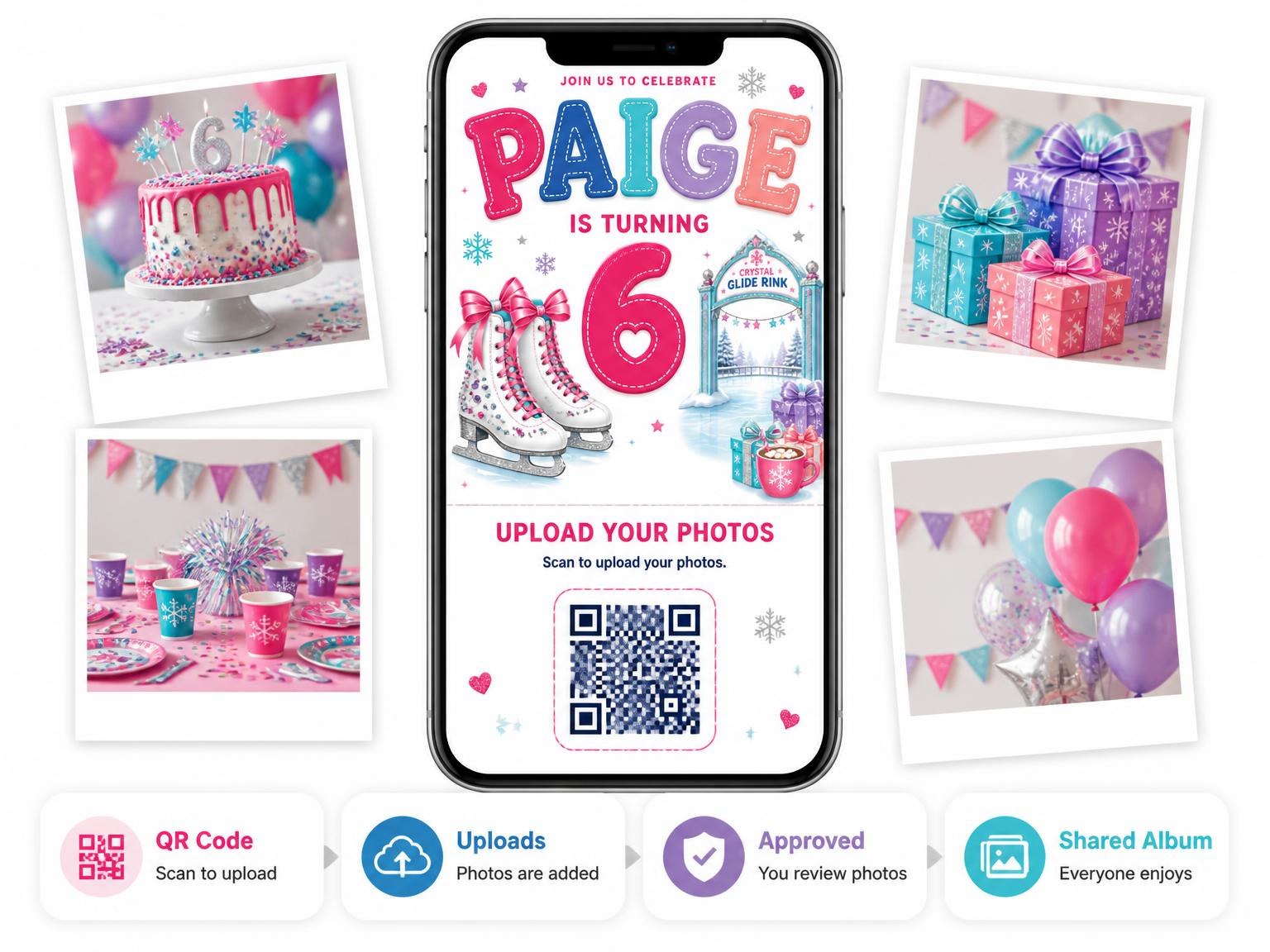 The shared photo gallery that comes with the Winter Wonderland 6th Birthday Invitation invitation
