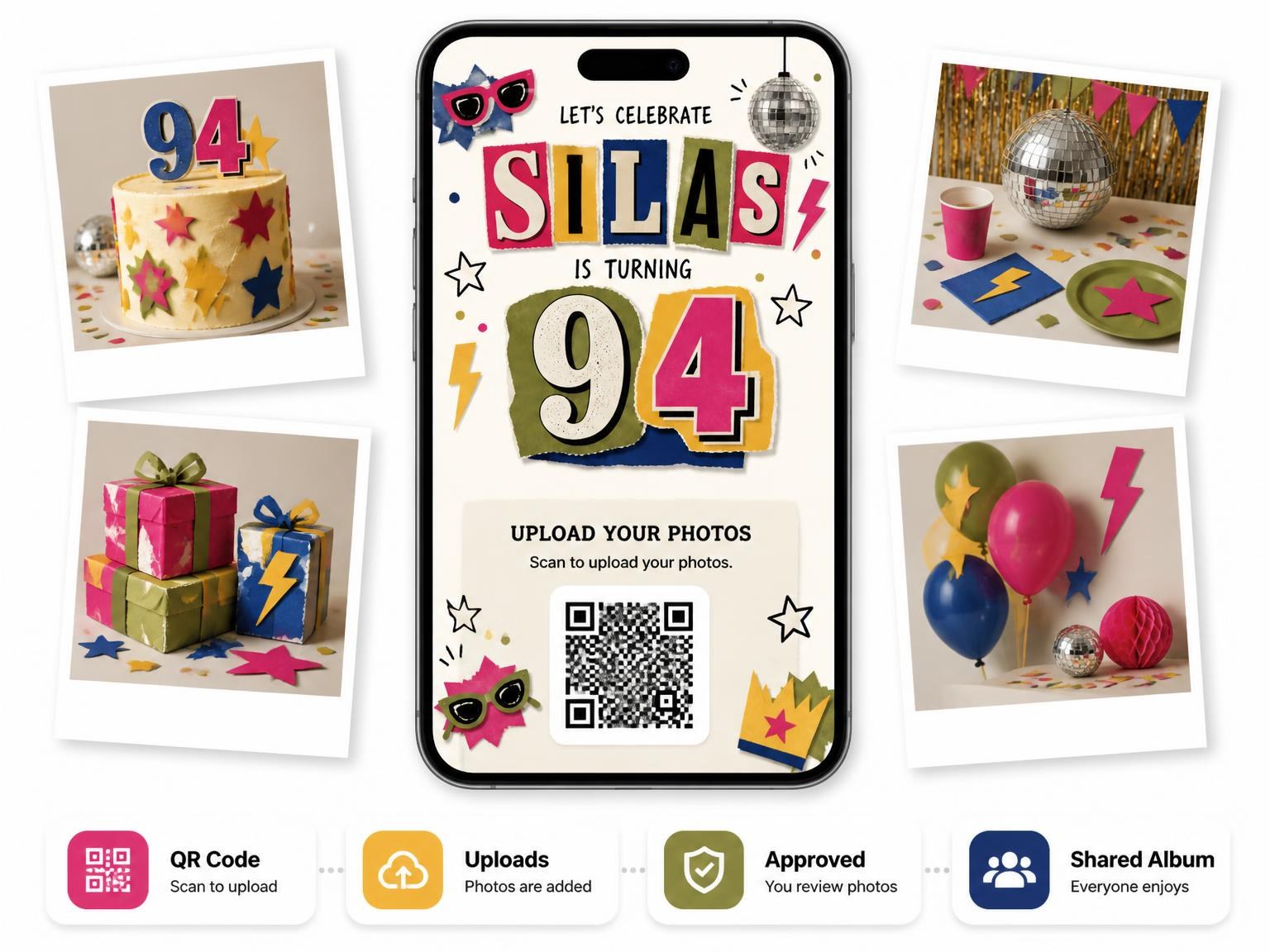 The shared photo gallery that comes with the Retro Paper Collage 94th Birthday Invitation invitation