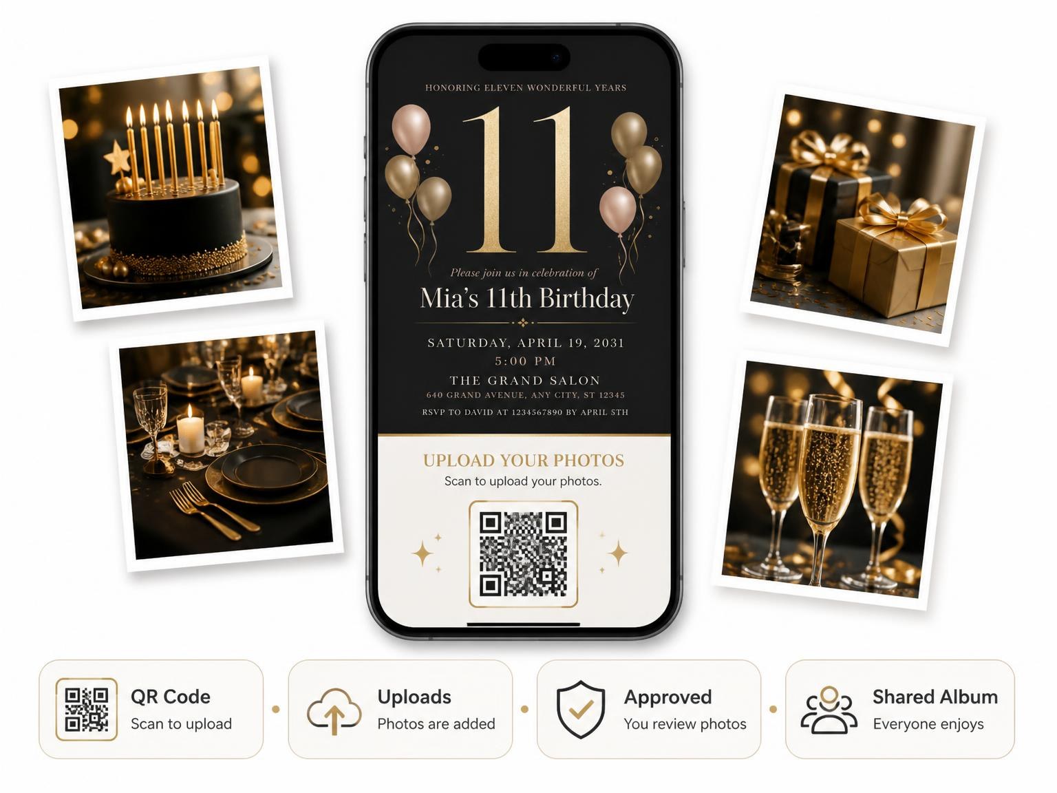 The shared photo gallery that comes with the Charcoal and Blush 11th Birthday Invitation invitation