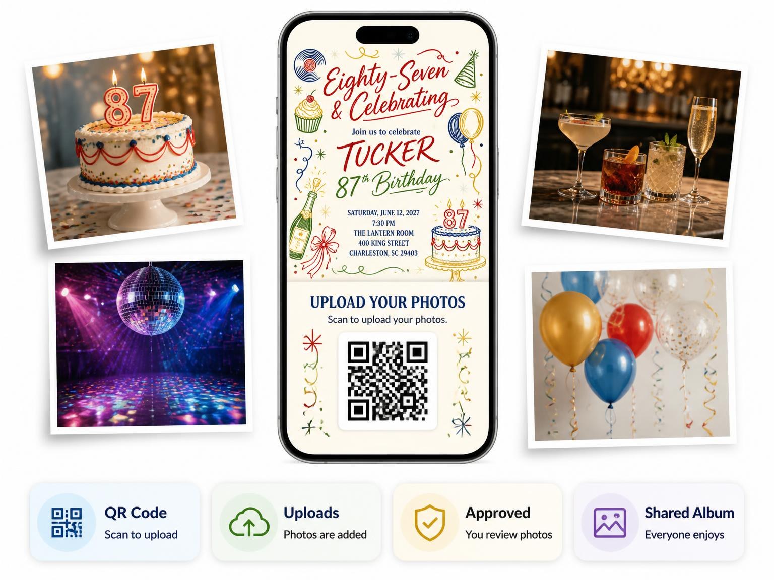 The shared photo gallery that comes with the Retro Doodle 87th Birthday Invitation invitation