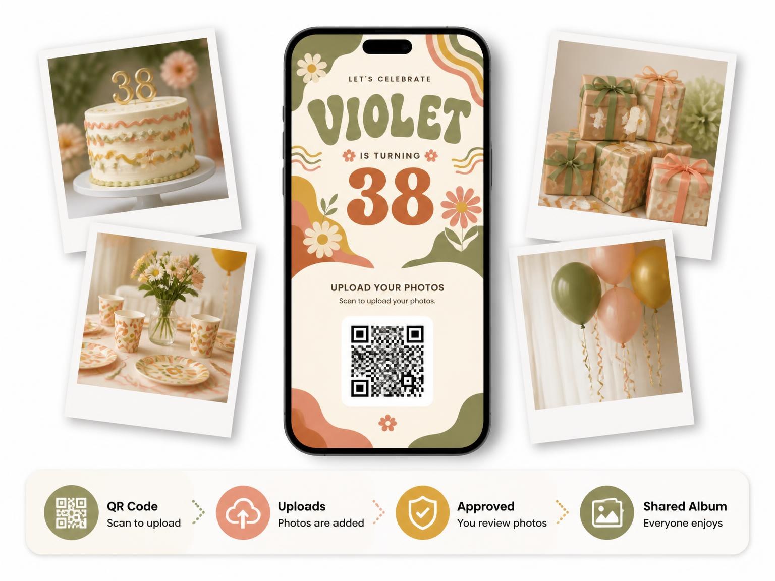 The shared photo gallery that comes with the Groovy Retro 38th Birthday Invitation invitation