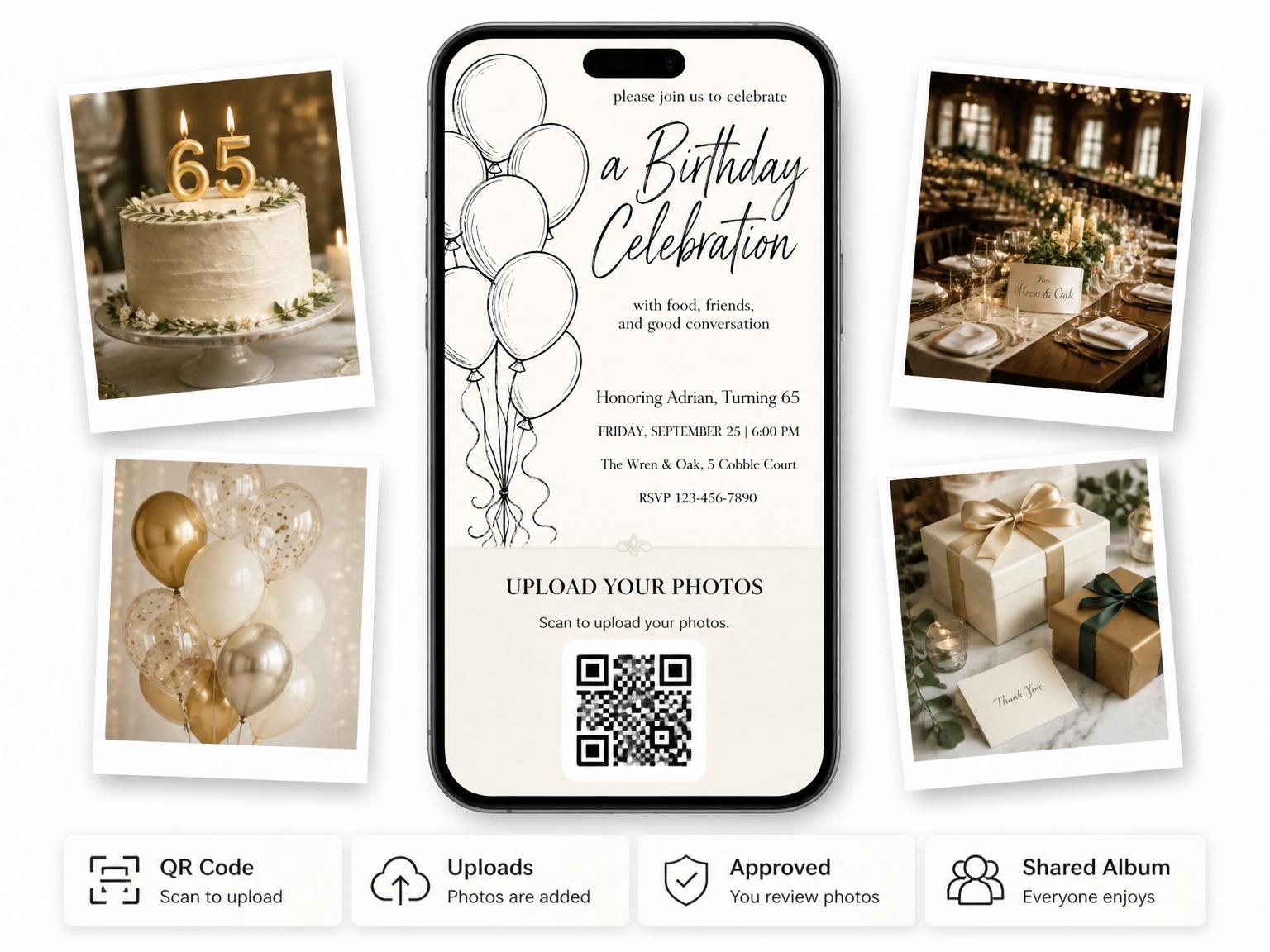 The shared photo gallery that comes with the Black Ink Balloon 65th Birthday Invitation invitation