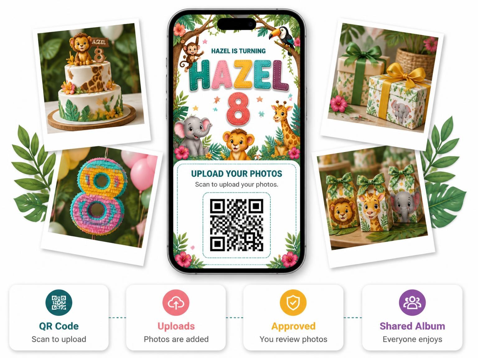 The shared photo gallery that comes with the Stitched Safari 8th Birthday Invitation invitation