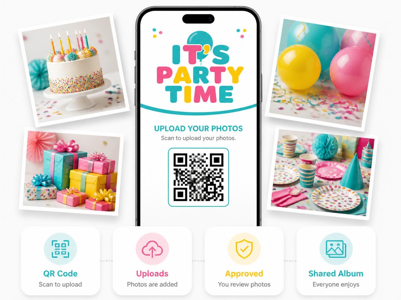 The shared photo gallery that comes with the Turquoise Pink Yellow Balloon 5th Birthday invitation