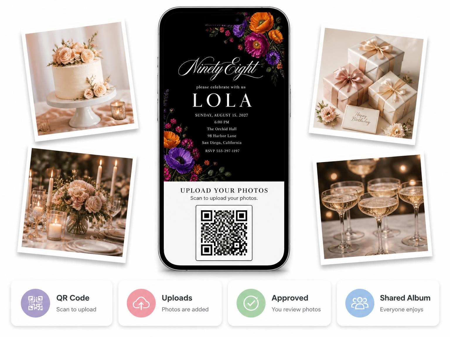 The shared photo gallery that comes with the Black Floral 98th Birthday Invitation invitation