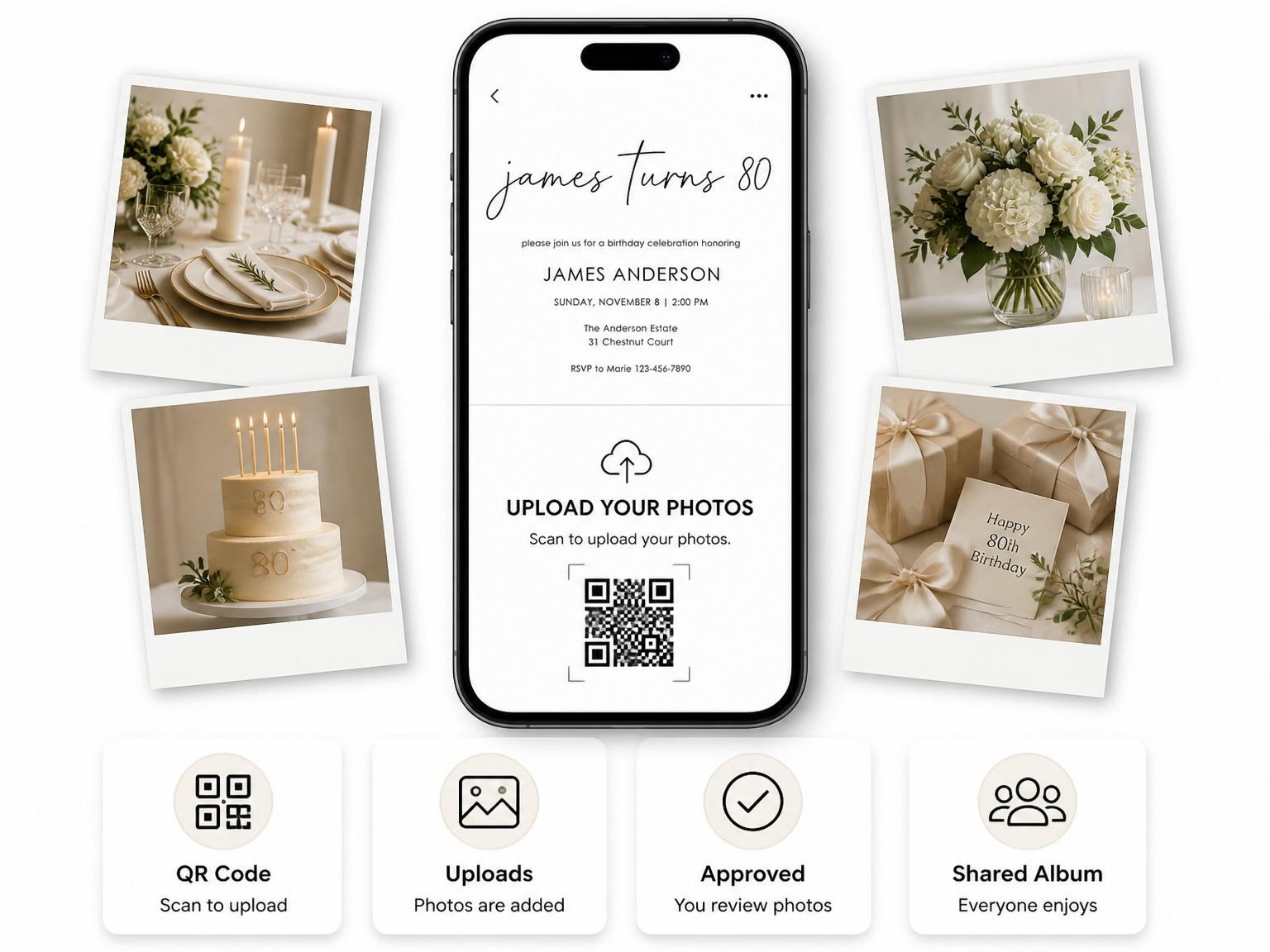 The shared photo gallery that comes with the Minimalist Black and White 80th Birthday invitation