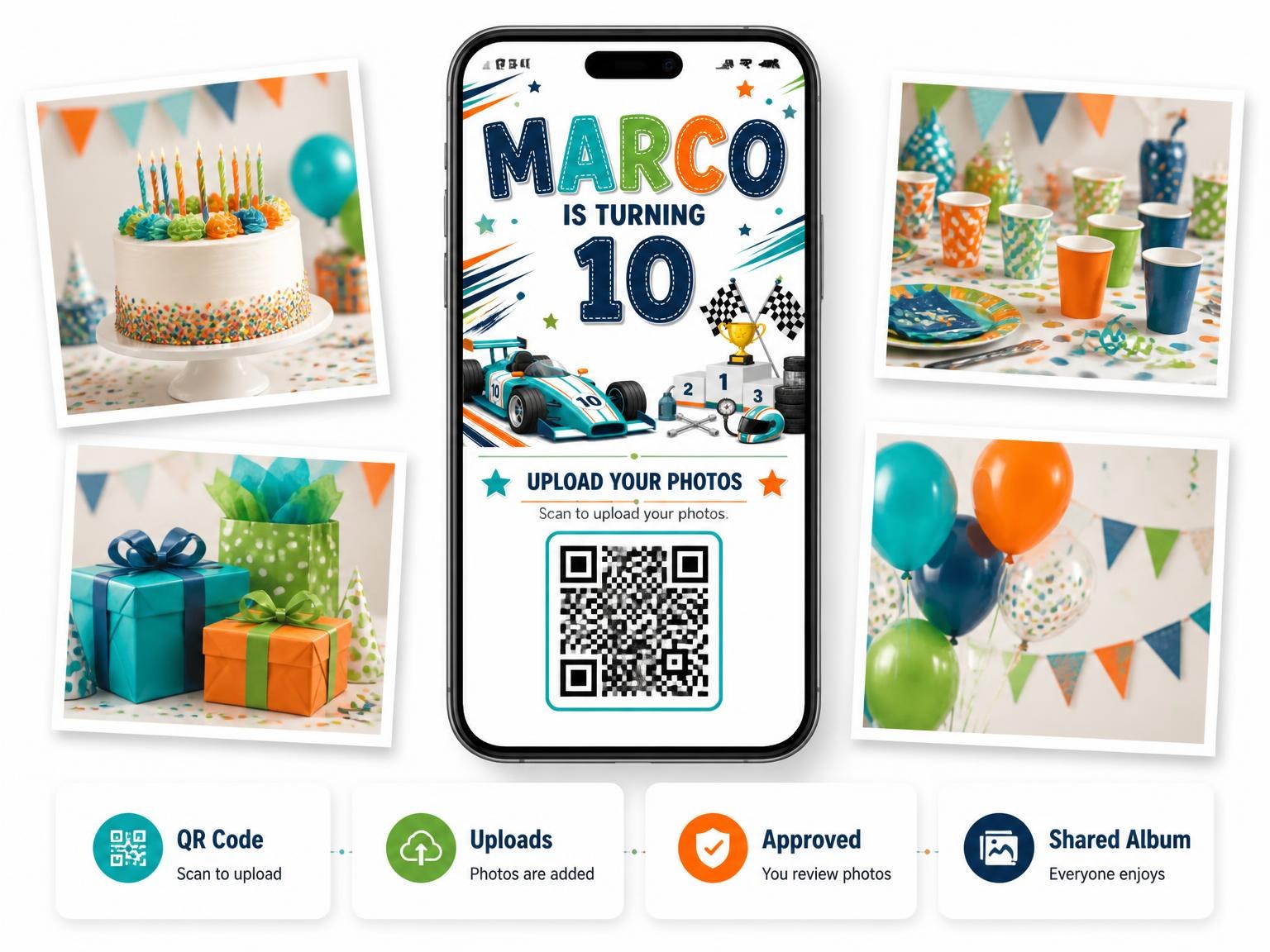 The shared photo gallery that comes with the Podium Trophy Stitched 10th Birthday Invitation invitation