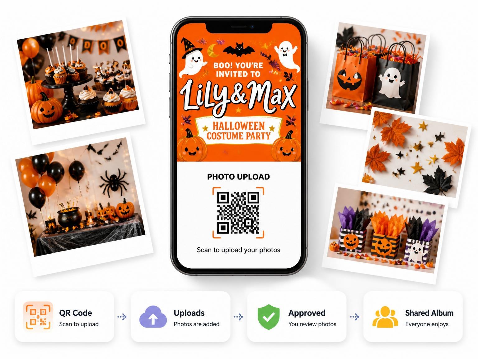 The shared photo gallery that comes with the Orange Pumpkin Ghost Halloween Party invitation