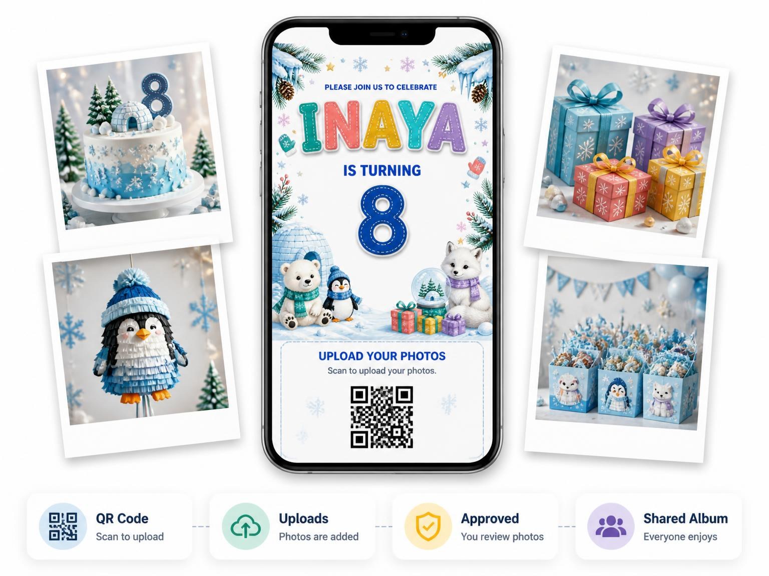 The shared photo gallery that comes with the Stitched Winter Polar 8th Birthday Invitation invitation
