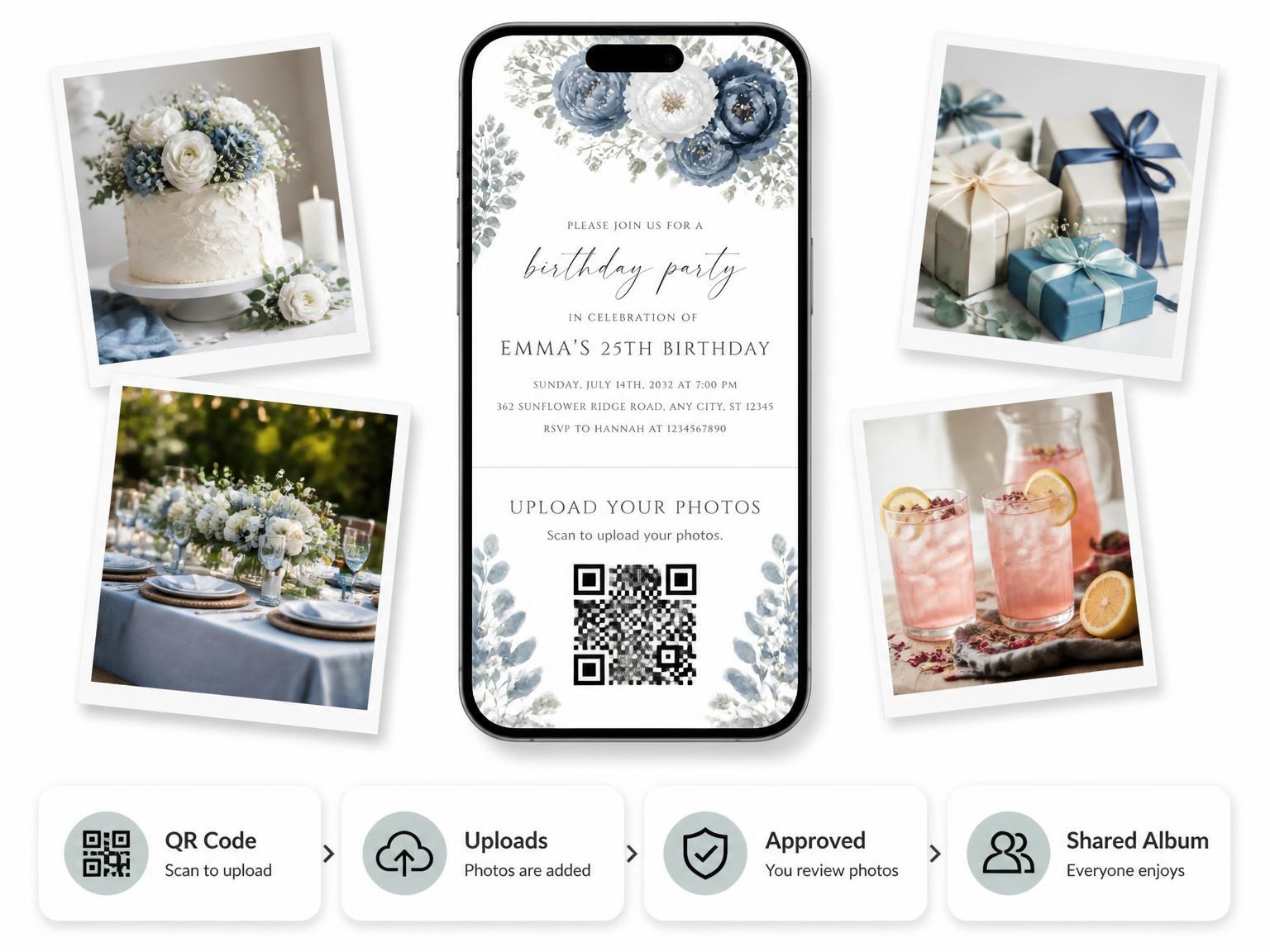 The shared photo gallery that comes with the Navy Florals Dusty Blue 25th Birthday Invitation invitation