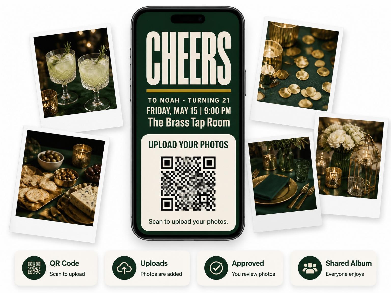The shared photo gallery that comes with the Dark Green Bold Typography 21st Birthday invitation