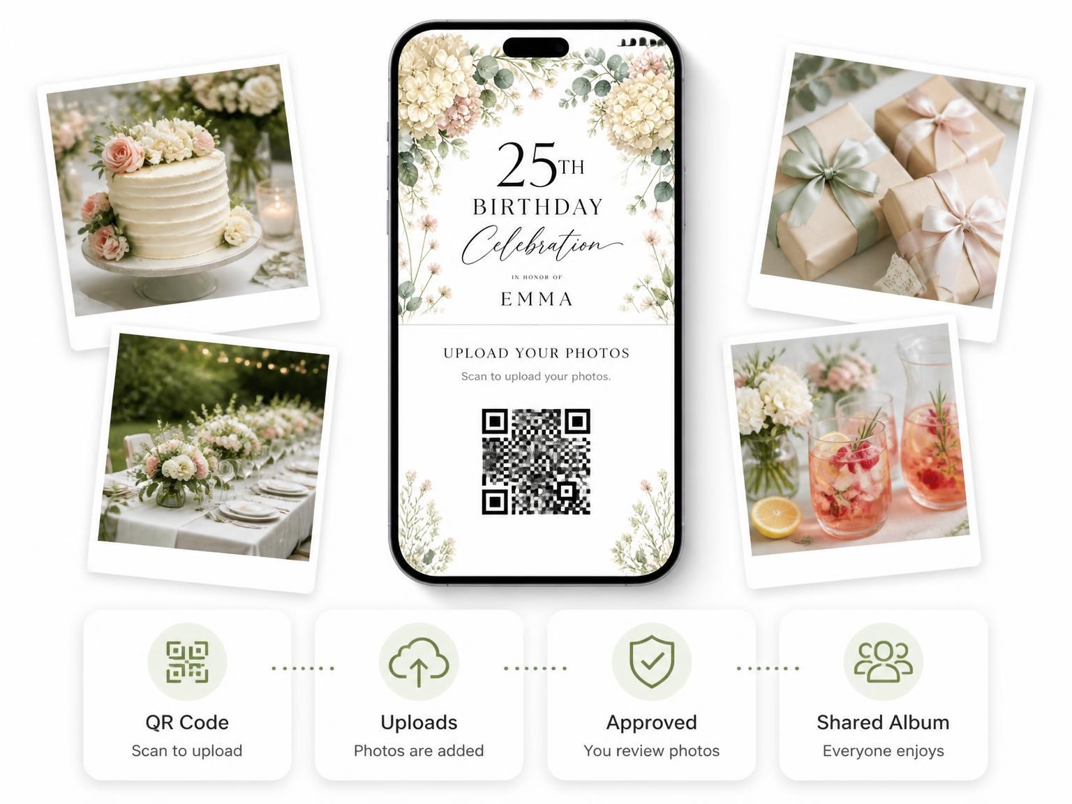The shared photo gallery that comes with the Hydrangeas Ivory 25th Birthday Invitation invitation