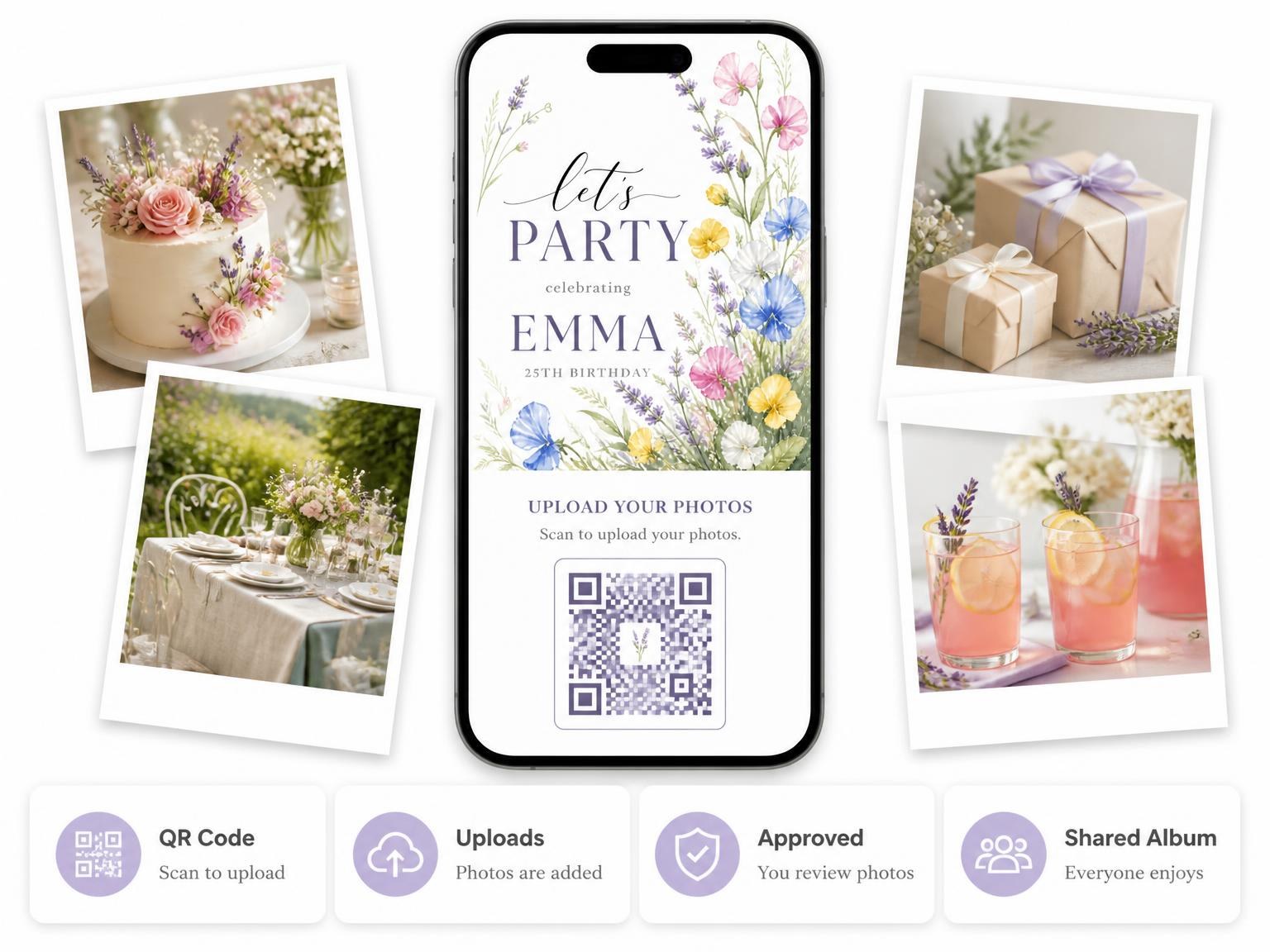 The shared photo gallery that comes with the Spring Lavender Sweet Pea 25th Birthday Invitation invitation