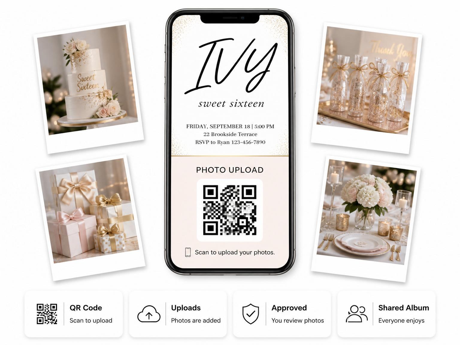 The shared photo gallery that comes with the Black and White Script Sweet Sixteen invitation