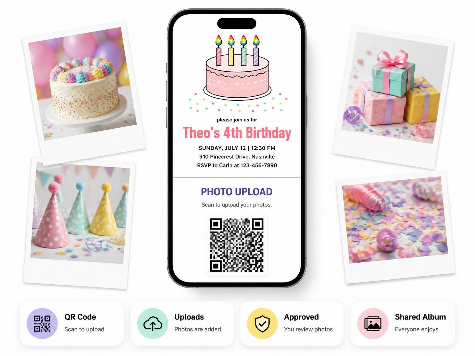 The shared photo gallery that comes with the Pink Frosted Cake 4th Birthday Invitation invitation