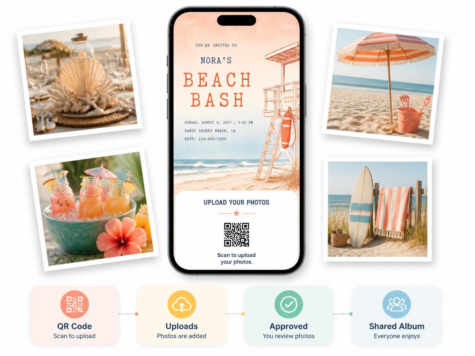 The shared photo gallery that comes with the Vintage Etched Lifeguard Beach Party invitation