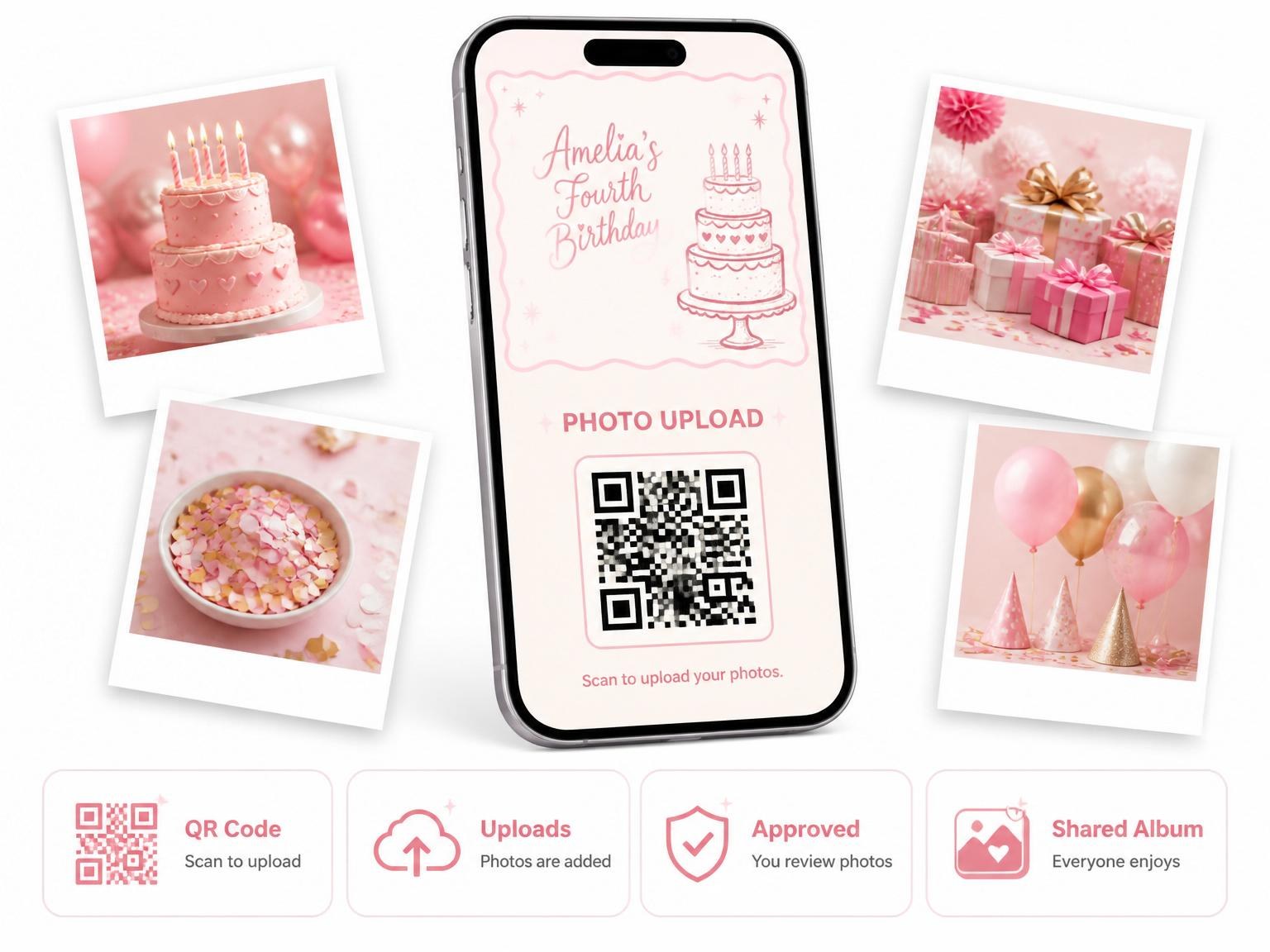 The shared photo gallery that comes with the Pink Cake Star 4th Birthday Invitation invitation