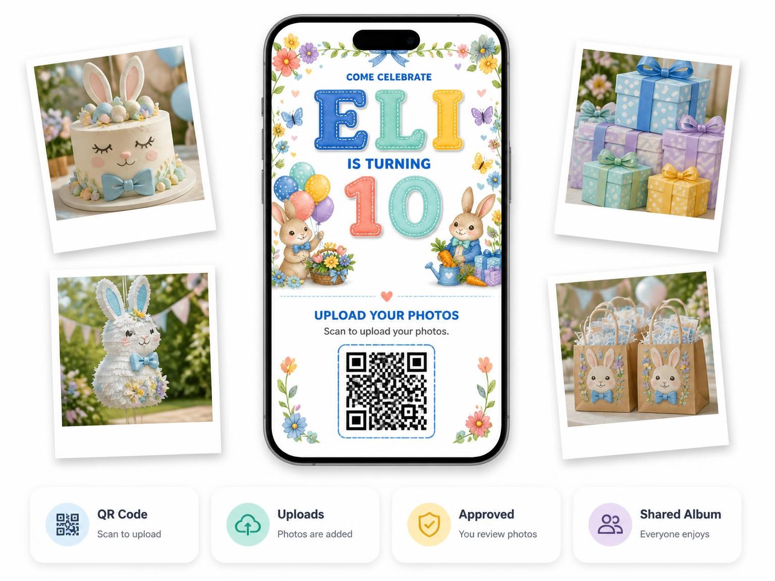 The shared photo gallery that comes with the Stitched Bunny Garden 10th Birthday Invitation invitation