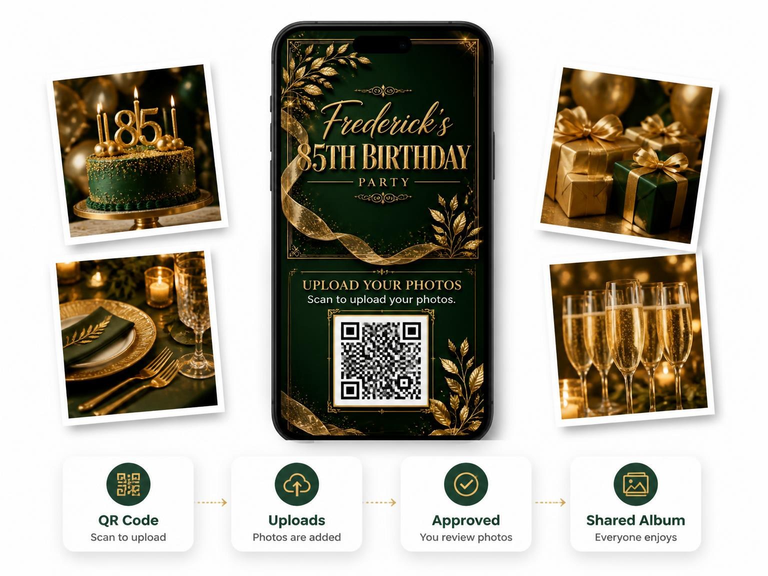 The shared photo gallery that comes with the Emerald and Champagne 85th Birthday Invitation invitation