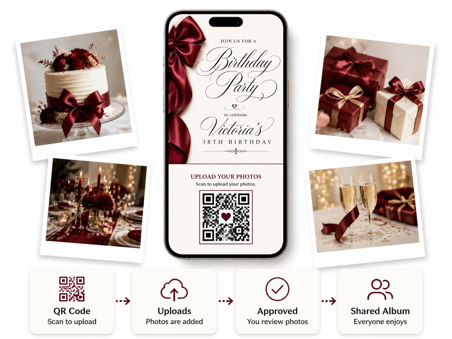 The shared photo gallery that comes with the Burgundy Satin Bow 38th Birthday Invitation invitation