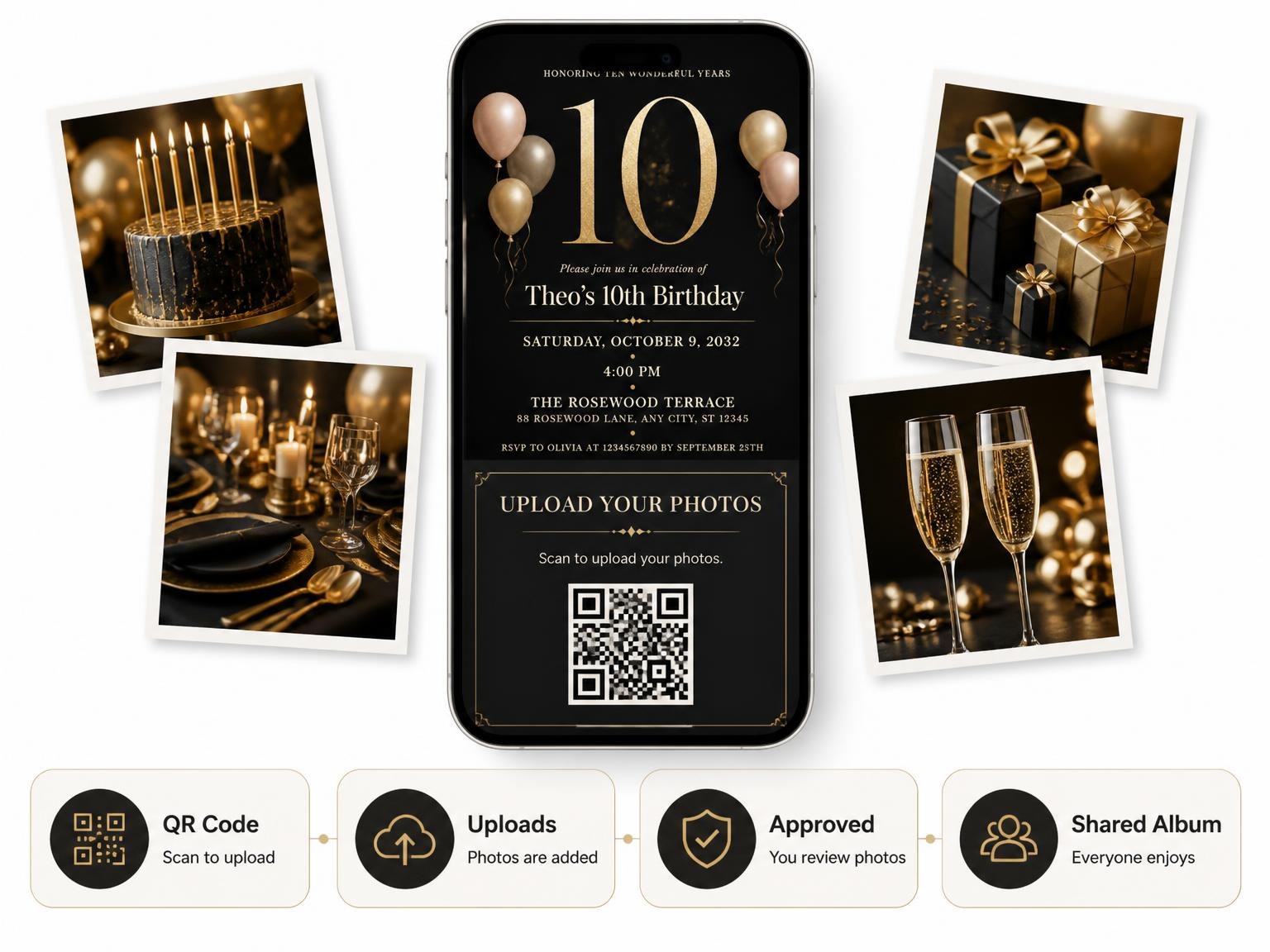 The shared photo gallery that comes with the Charcoal and Blush 10th Birthday Invitation invitation