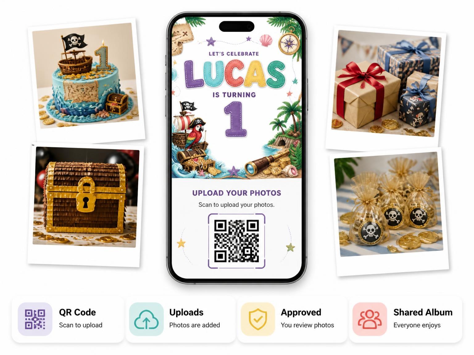 The shared photo gallery that comes with the Pirate Adventure 1st Birthday Invitation invitation