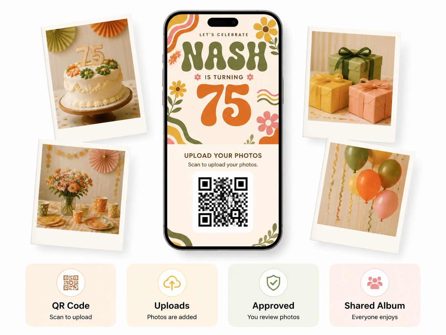 The shared photo gallery that comes with the Groovy Retro 75th Birthday Invitation invitation