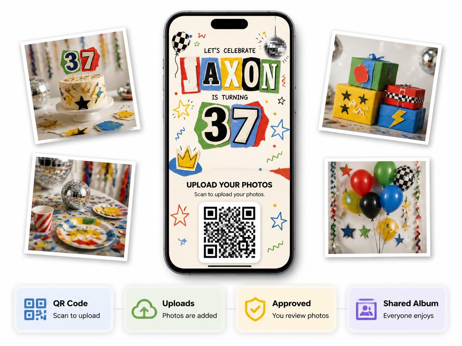 The shared photo gallery that comes with the Retro Paper Collage 37th Birthday Invitation invitation