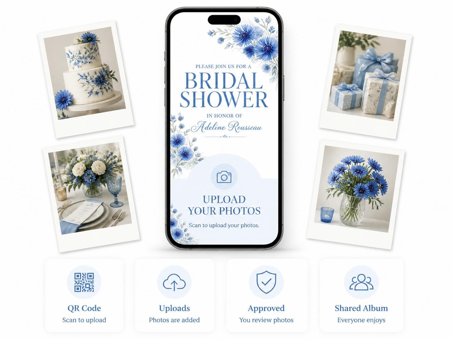 The shared photo gallery that comes with the Blue Watercolor Cornflower Bridal Shower invitation
