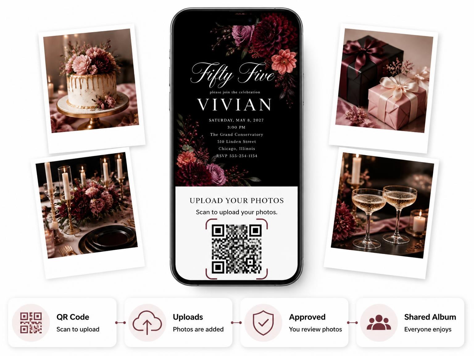 The shared photo gallery that comes with the Black Floral 55th Birthday Invitation invitation