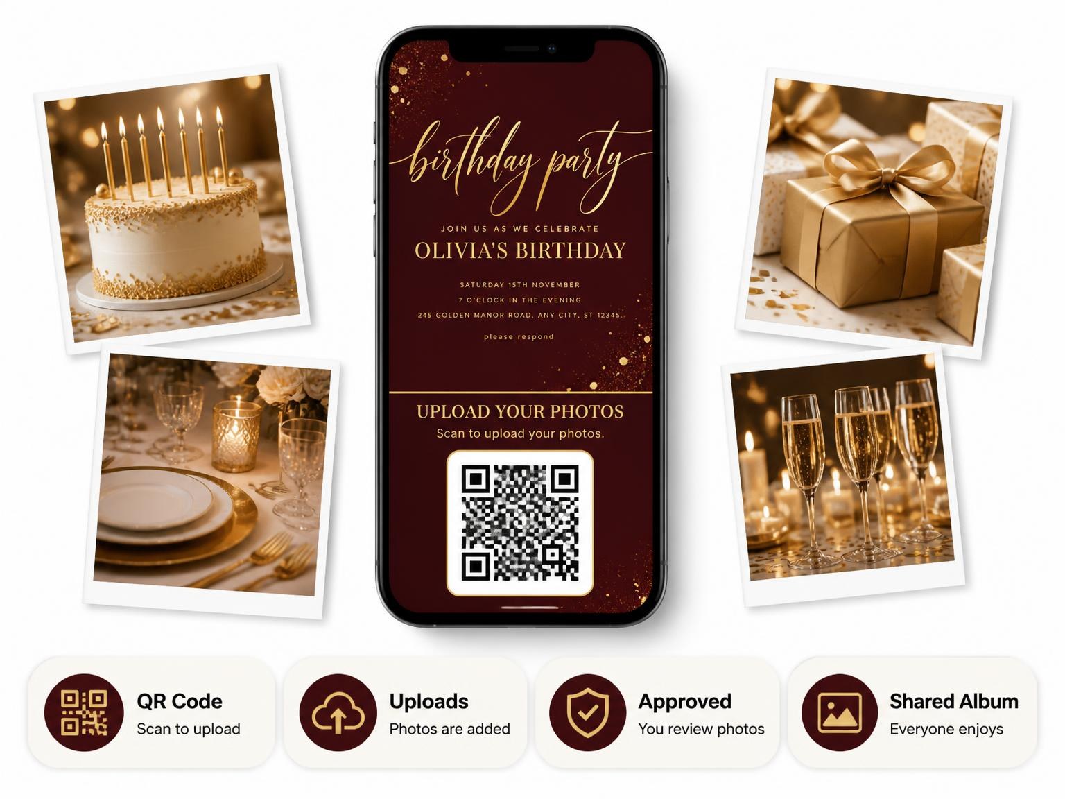 The shared photo gallery that comes with the Burgundy and Gold Birthday Invitation invitation