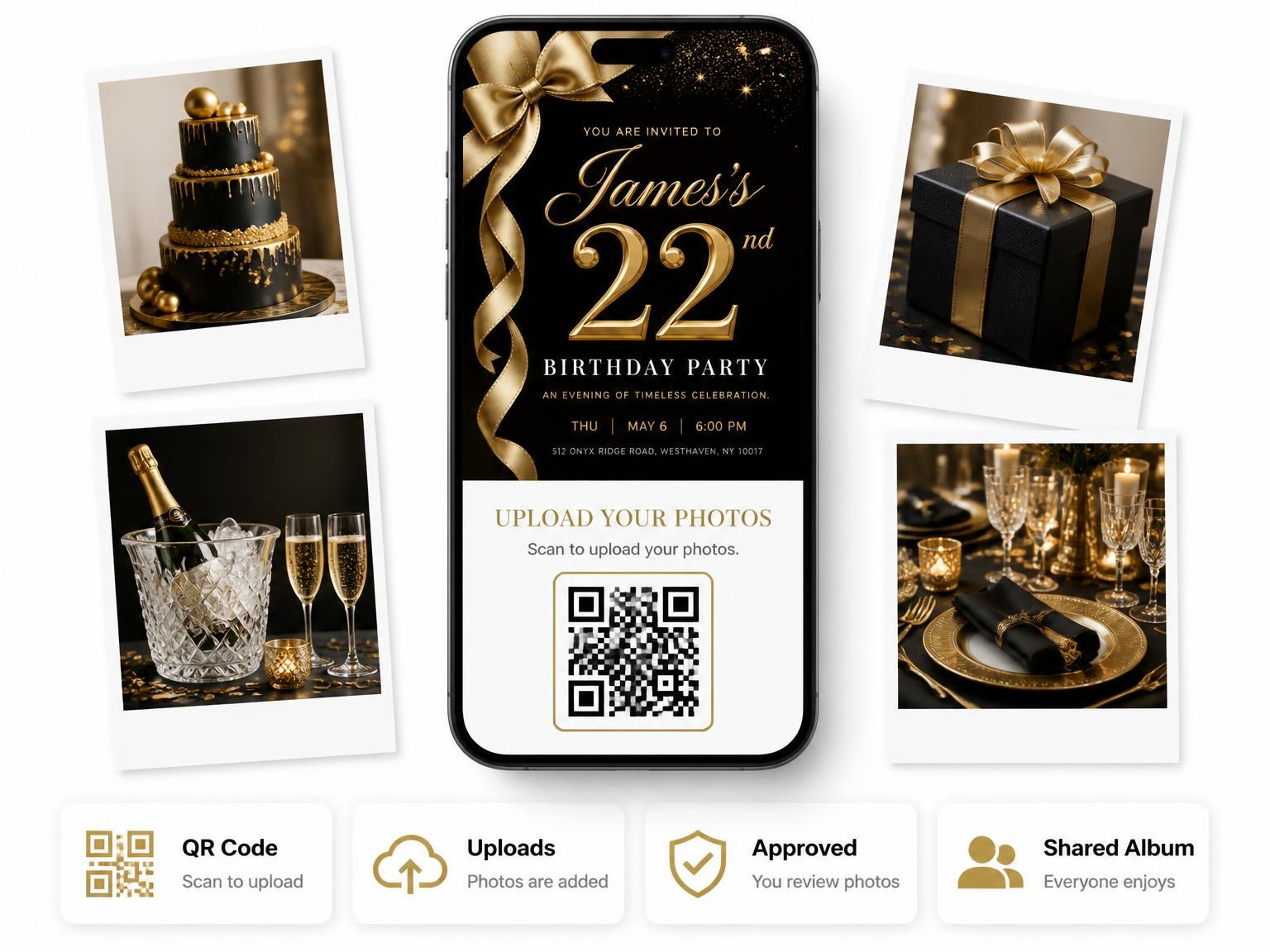 The shared photo gallery that comes with the Black and Gold Ribbon 22nd Birthday Invitation invitation