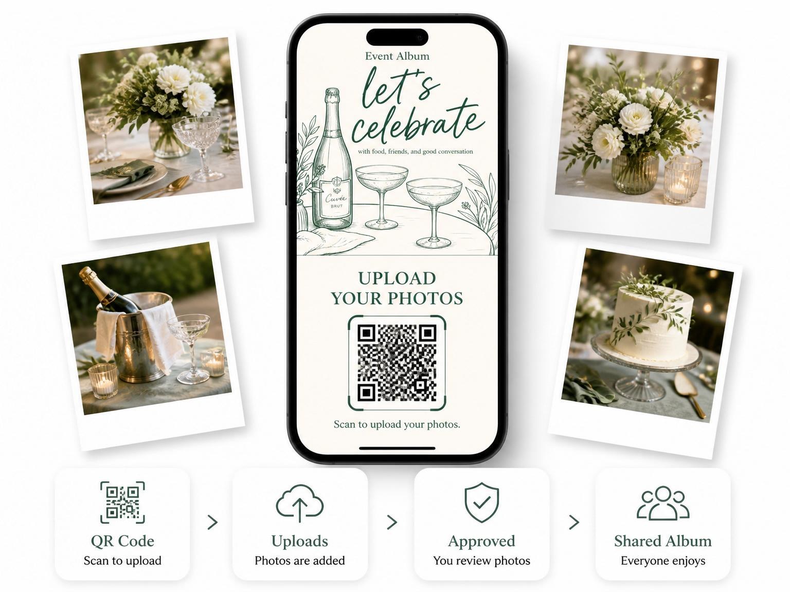 The shared photo gallery that comes with the Forest Green Champagne Line-Art 50th Birthday invitation