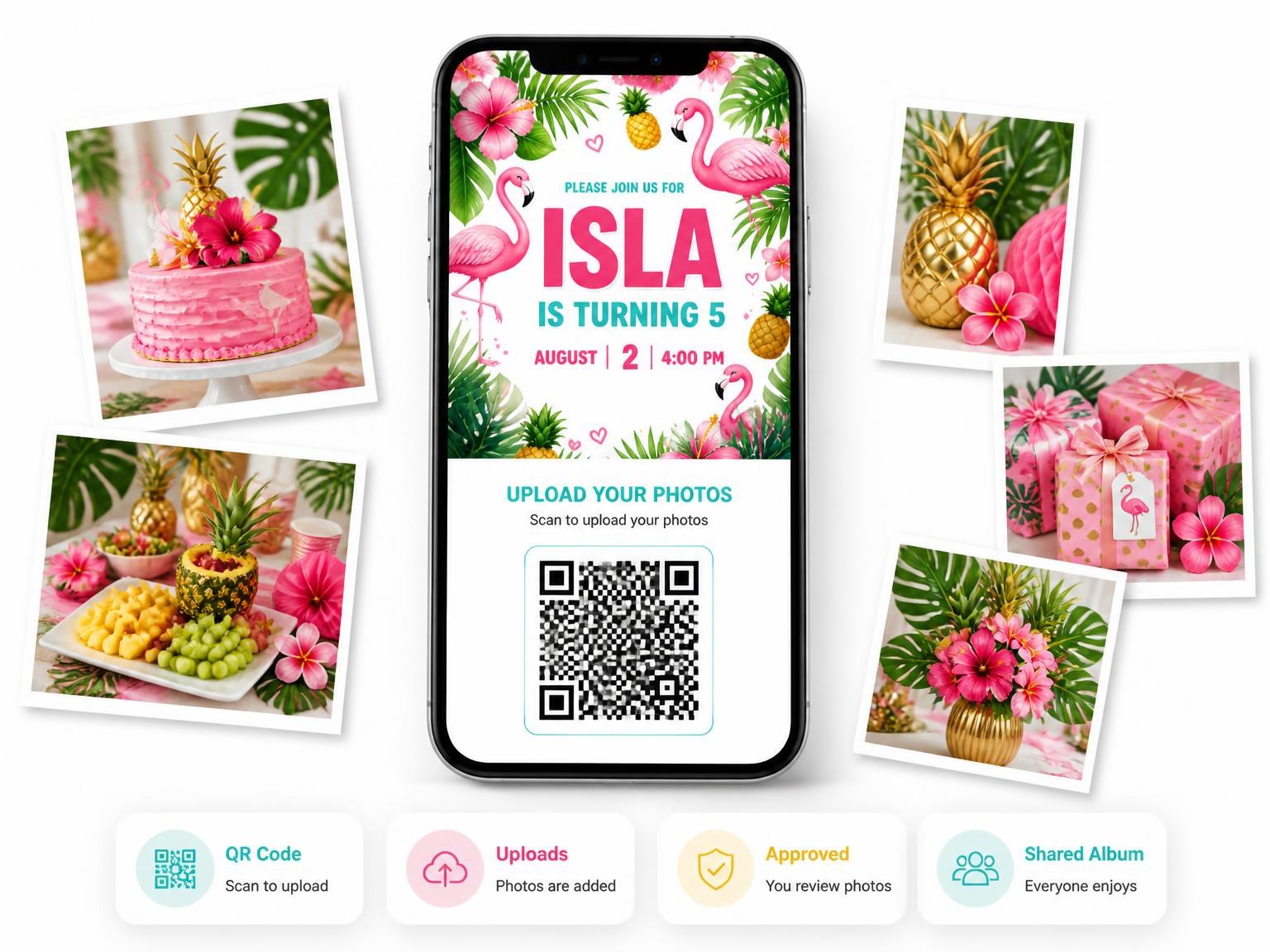 The shared photo gallery that comes with the Pink Flamingo Tropical 5th Birthday Invitation invitation