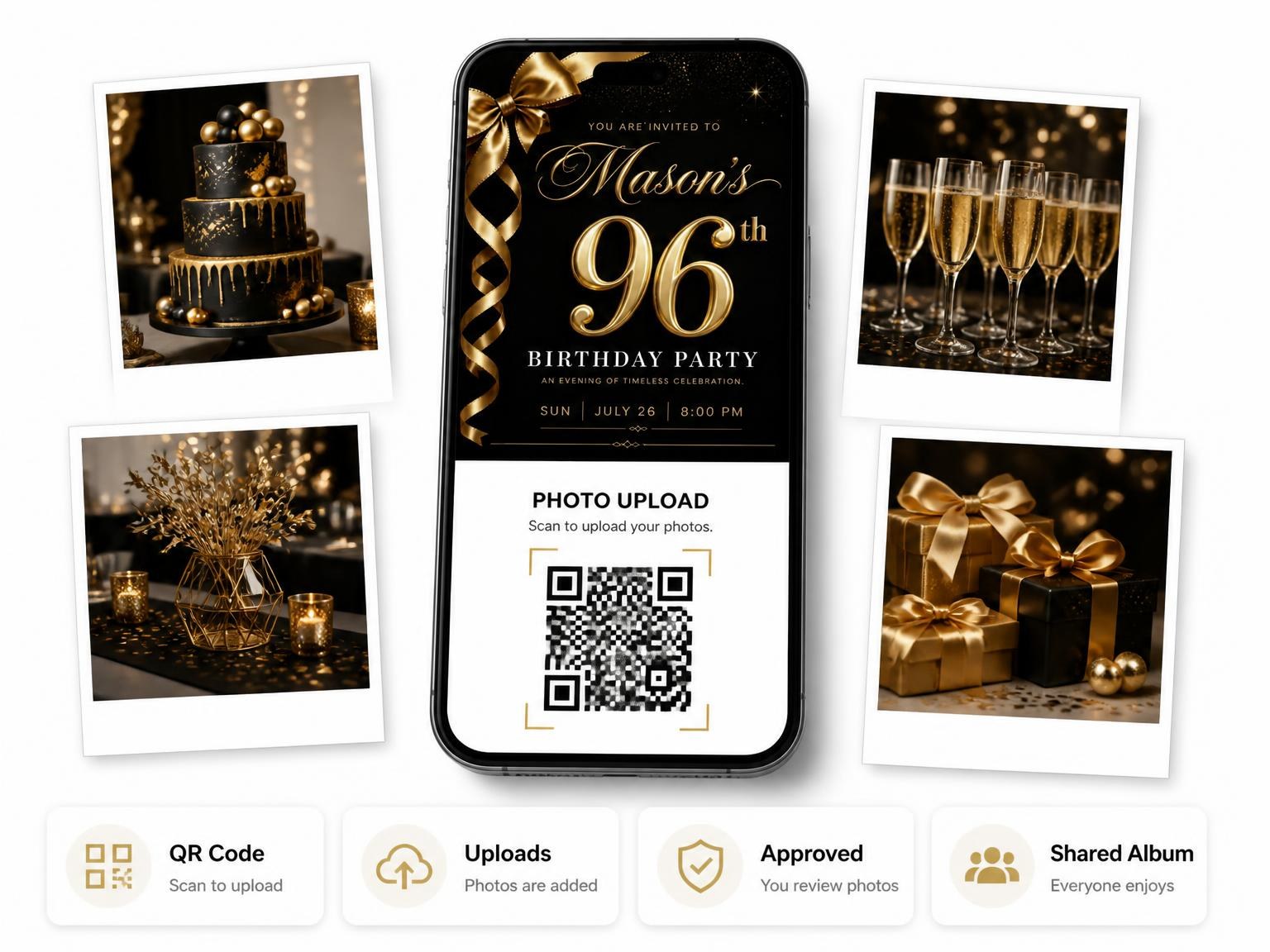 The shared photo gallery that comes with the Black and Gold Ribbon 96th Birthday invitation
