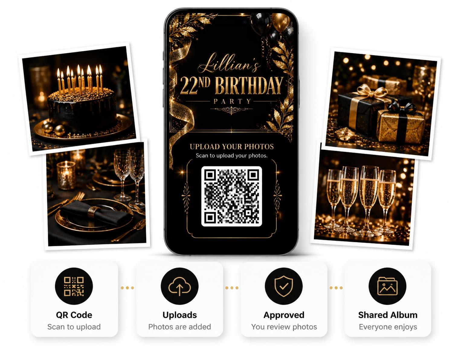 The shared photo gallery that comes with the Black and Gold 22nd Birthday Invitation invitation
