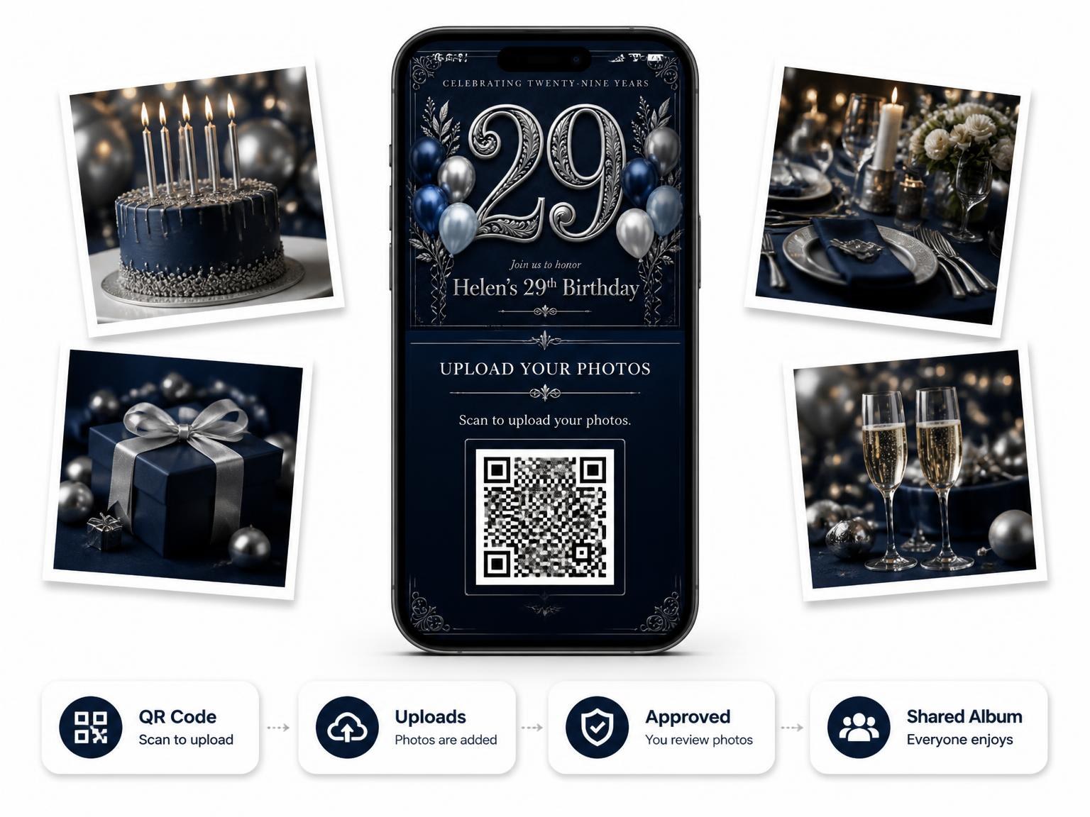 The shared photo gallery that comes with the Navy and Silver 29th Birthday Invitation invitation