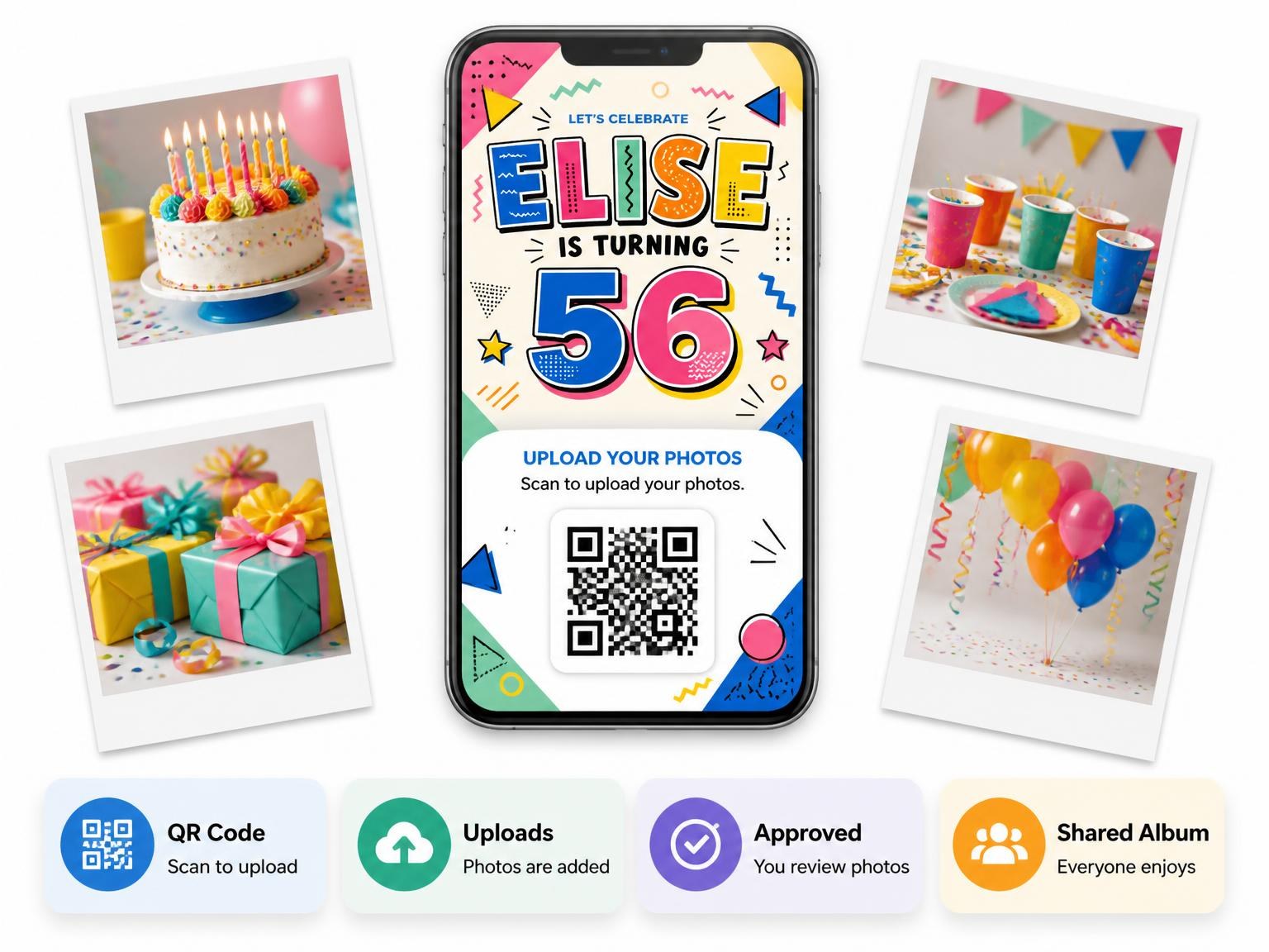 The shared photo gallery that comes with the Memphis Pop 56th Birthday Invitation invitation