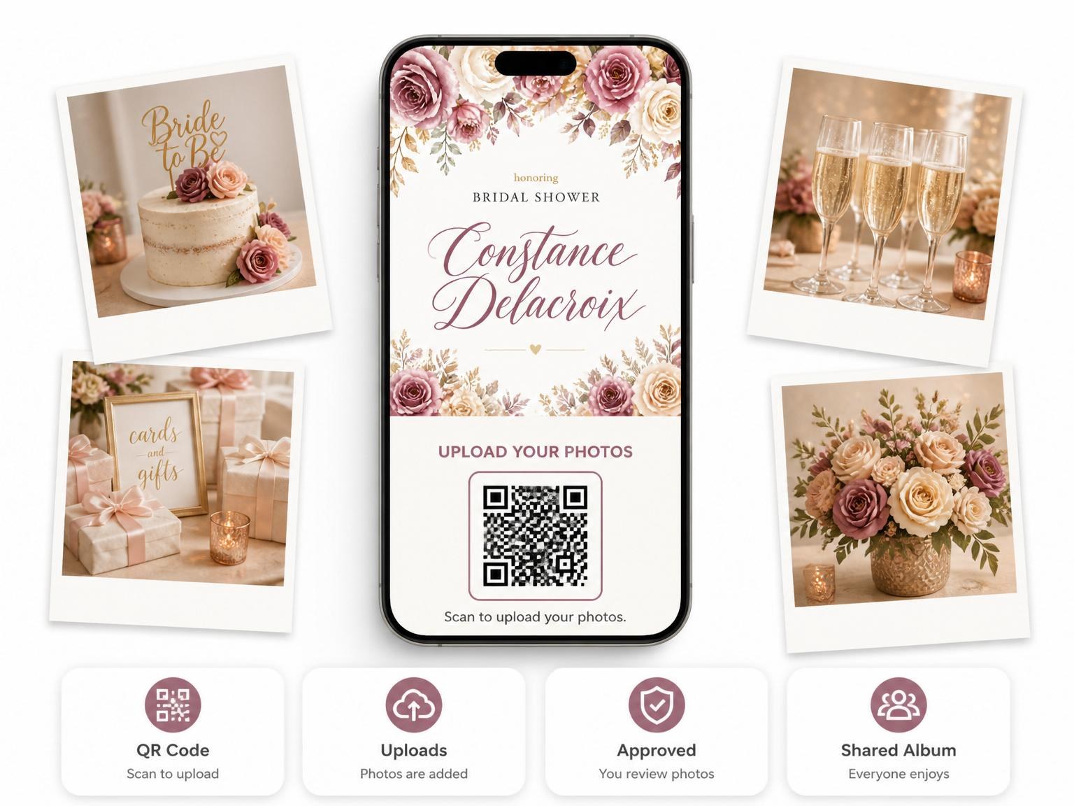 The shared photo gallery that comes with the Dusty Rose Floral Bridal Shower invitation