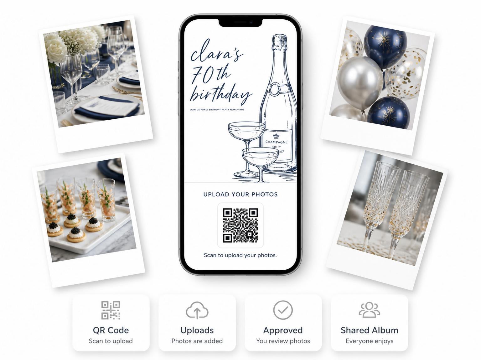 The shared photo gallery that comes with the Navy Ink Champagne 70th Birthday invitation
