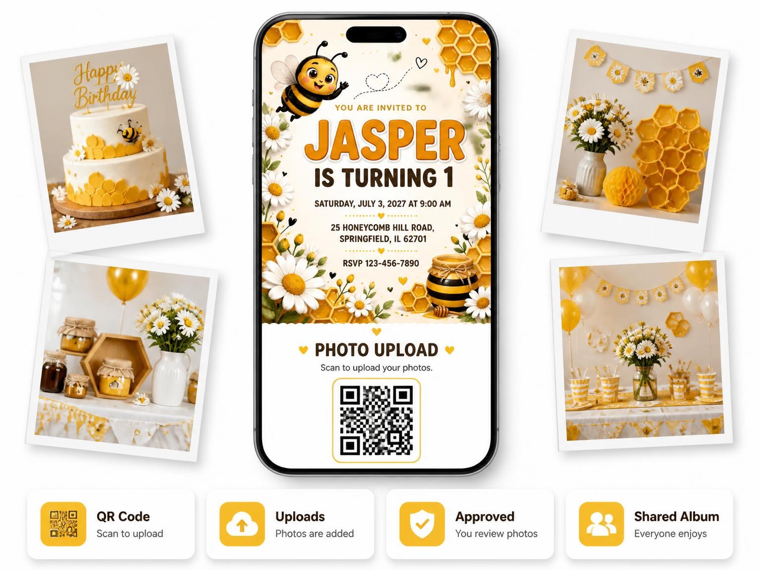 The shared photo gallery that comes with the Honeybee Daisy 1st Birthday Invitation invitation