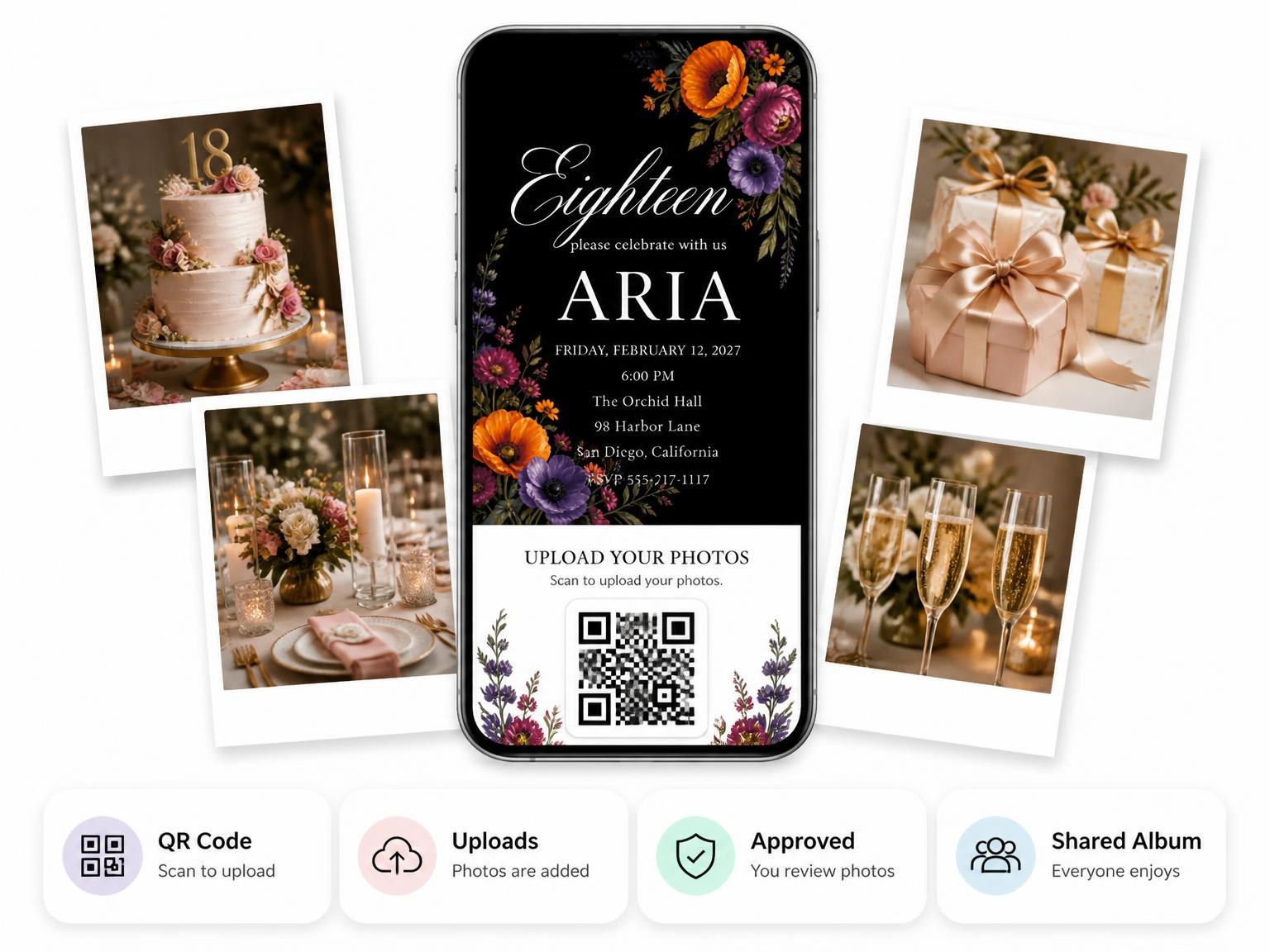 The shared photo gallery that comes with the Black Floral 18th Birthday Invitation invitation