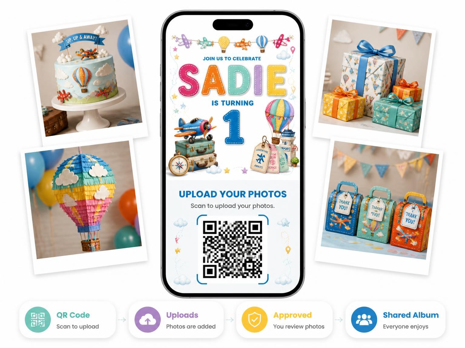 The shared photo gallery that comes with the Stitched Up and Away 1st Birthday Invitation invitation