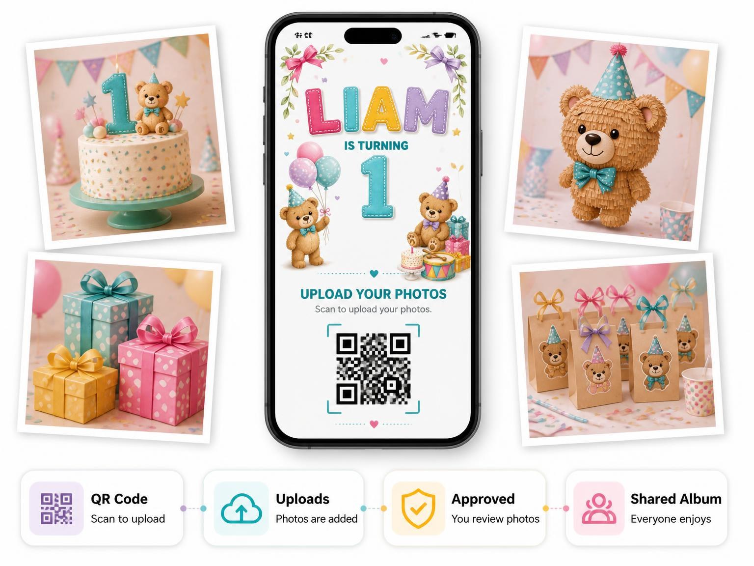 The shared photo gallery that comes with the Stitched Teddy Bear 1st Birthday Invitation invitation