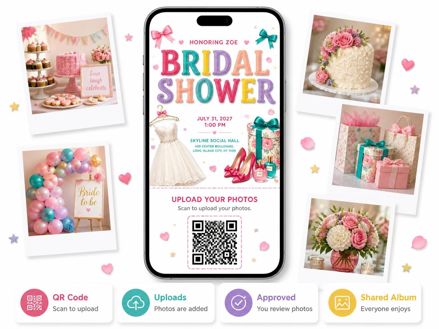 The shared photo gallery that comes with the Pink Bridal Shower Invitation invitation
