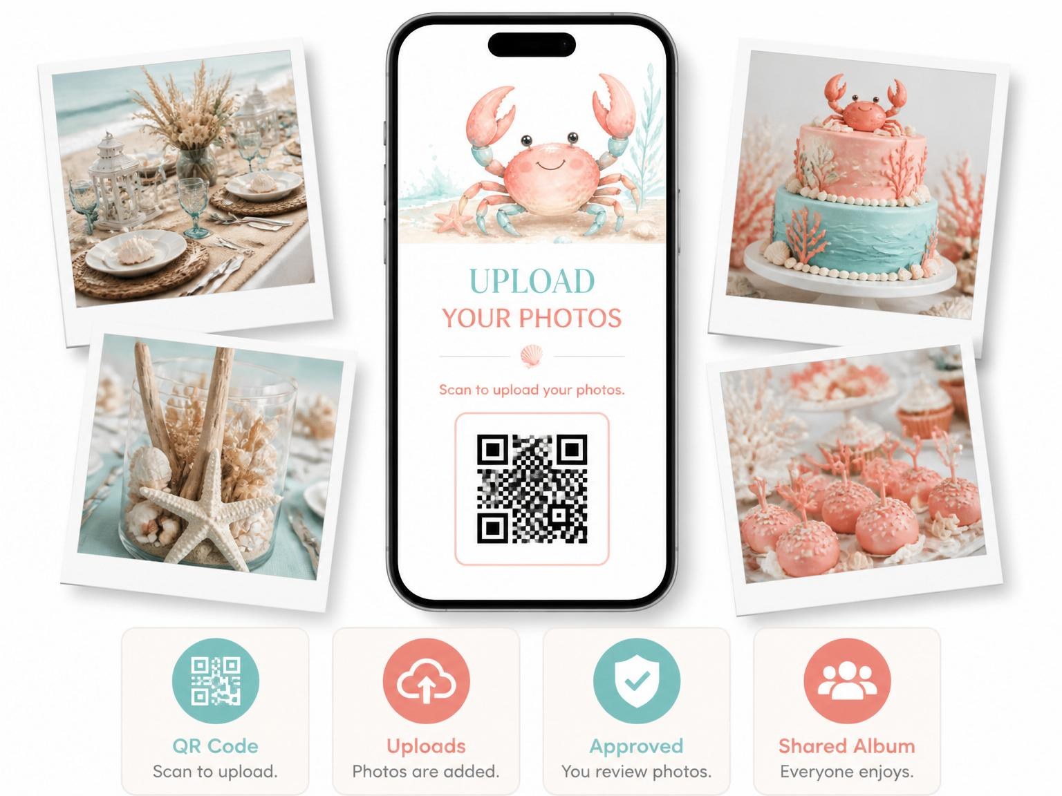The shared photo gallery that comes with the Watercolor Crab Beach Party Invitation invitation