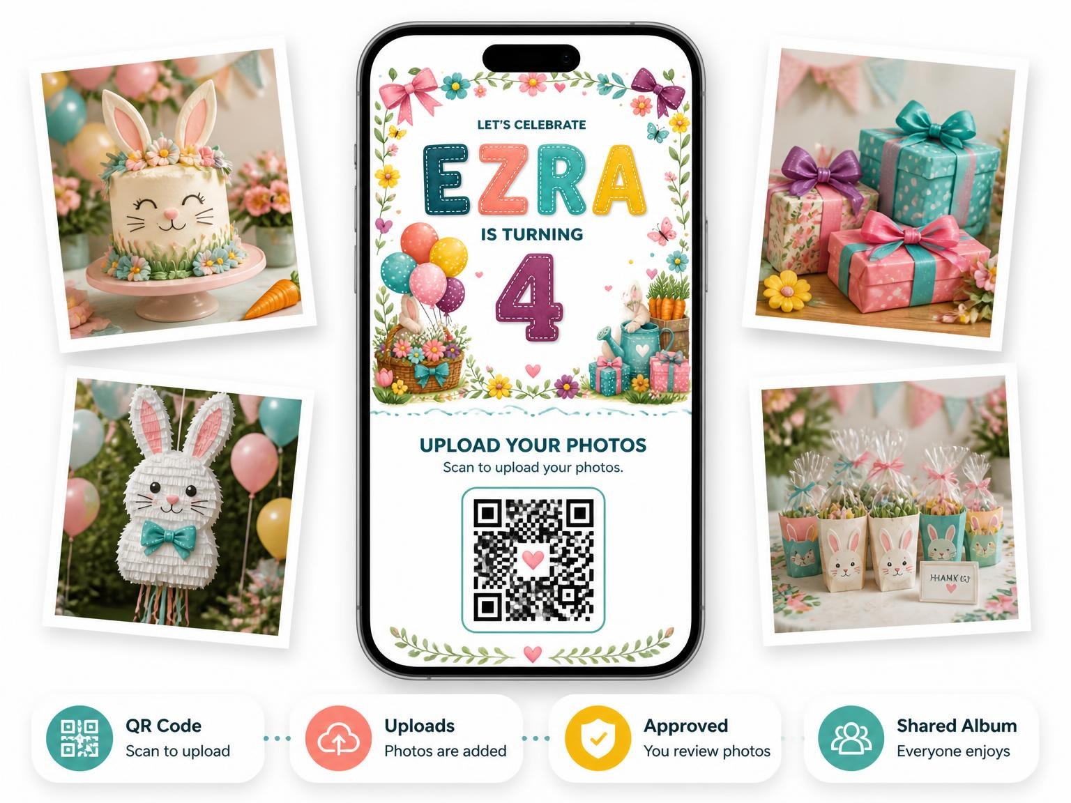 The shared photo gallery that comes with the Stitched Bunny Garden 4th Birthday Invitation invitation