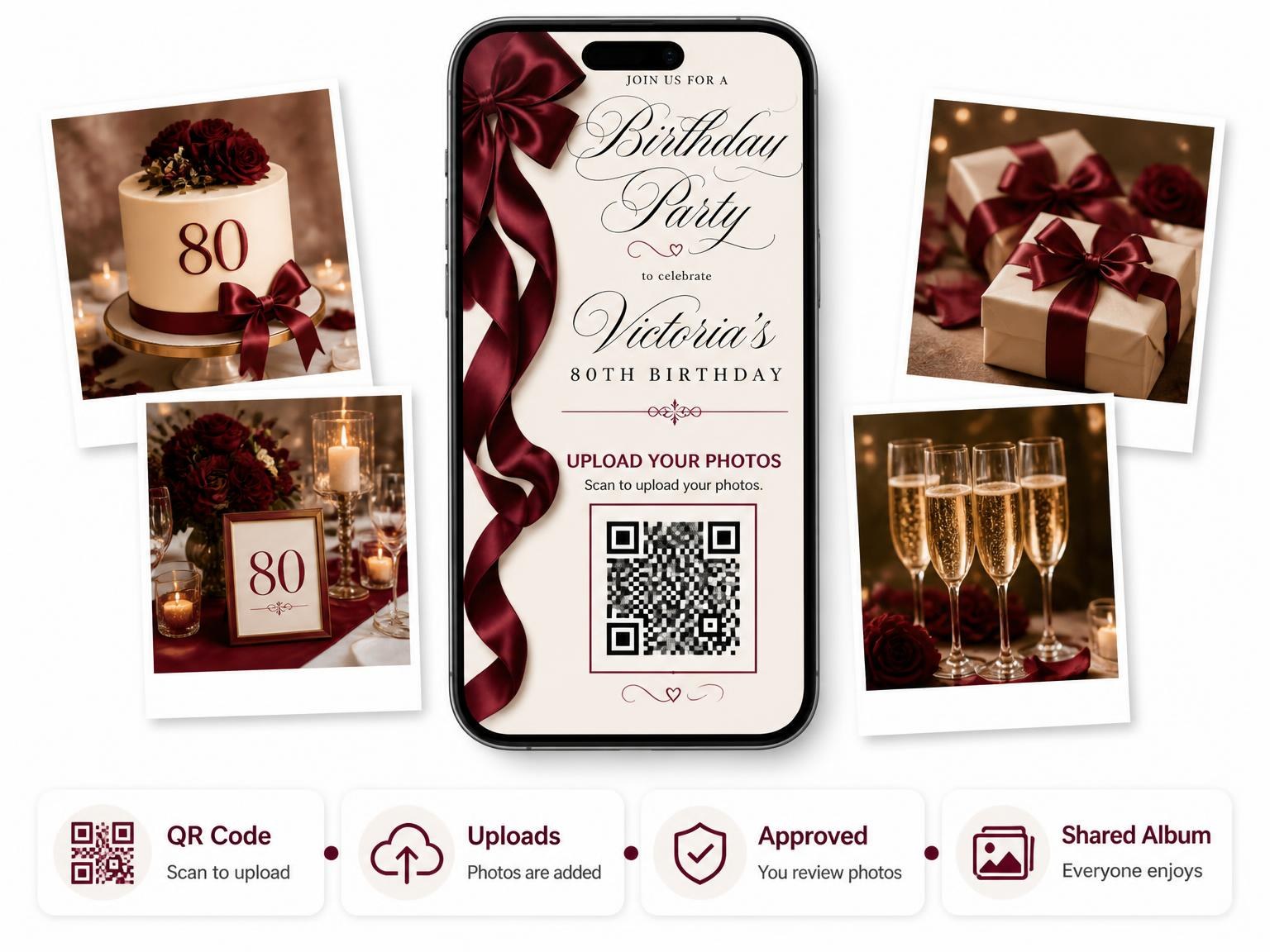 The shared photo gallery that comes with the Burgundy Satin Bow 80th Birthday Invitation invitation