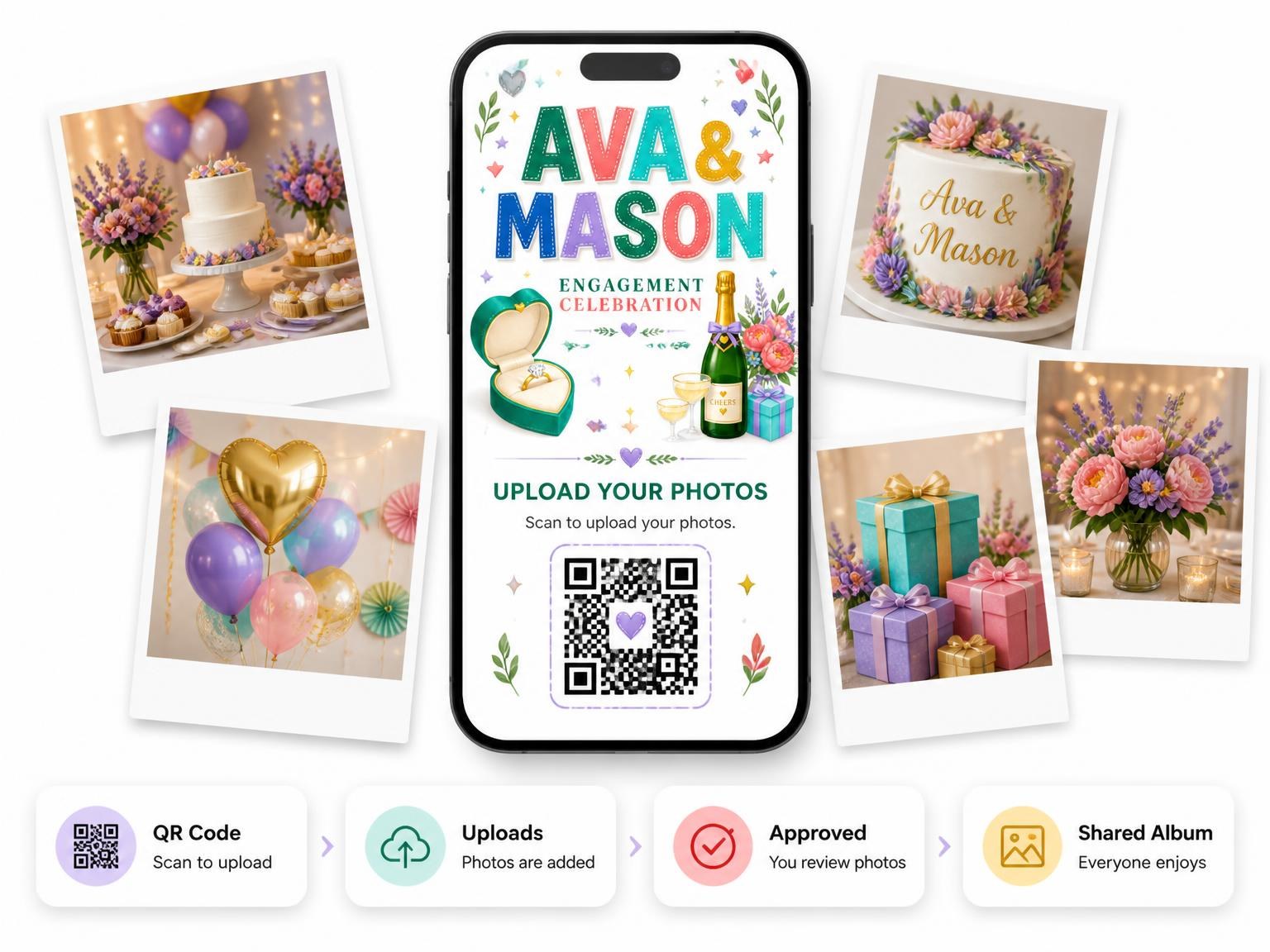 The shared photo gallery that comes with the Heart Engagement Celebration Invitation invitation